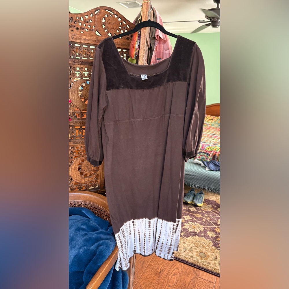 Prana Dark Brown 100% Cotton Midi Dress with velvet trim. 3/4 sleeve EUC XL - Picture 6 of 12